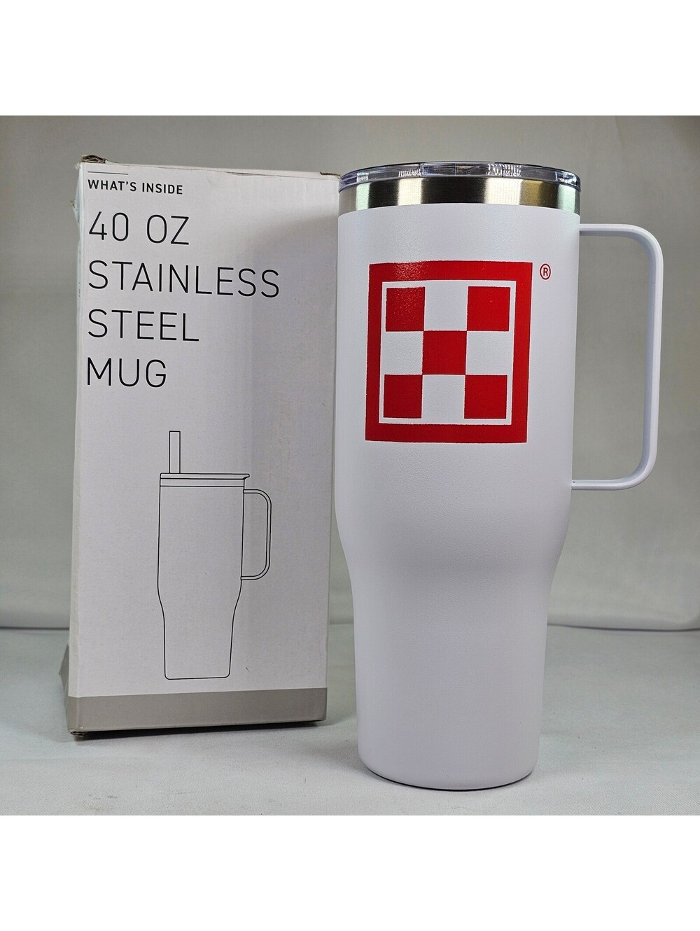 Denali 40 oz Stainless Steel Mug White Red Checkered Logo Vacuum Insulated Cup
